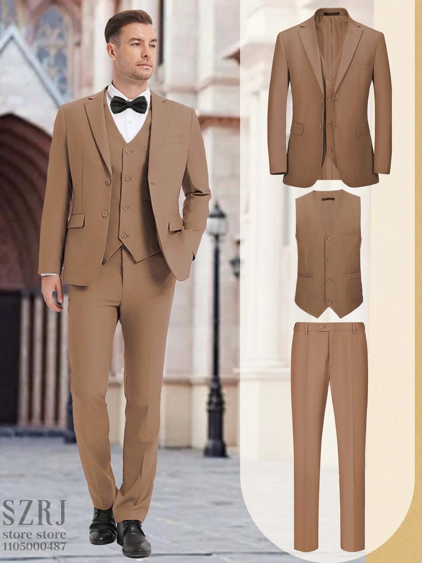 [Two Button Lapel] Men's 3pcs Business Suit | Solid Color | Two Button Lapel Jacket Vest Trouser Set | Wedding Business Tuxedo