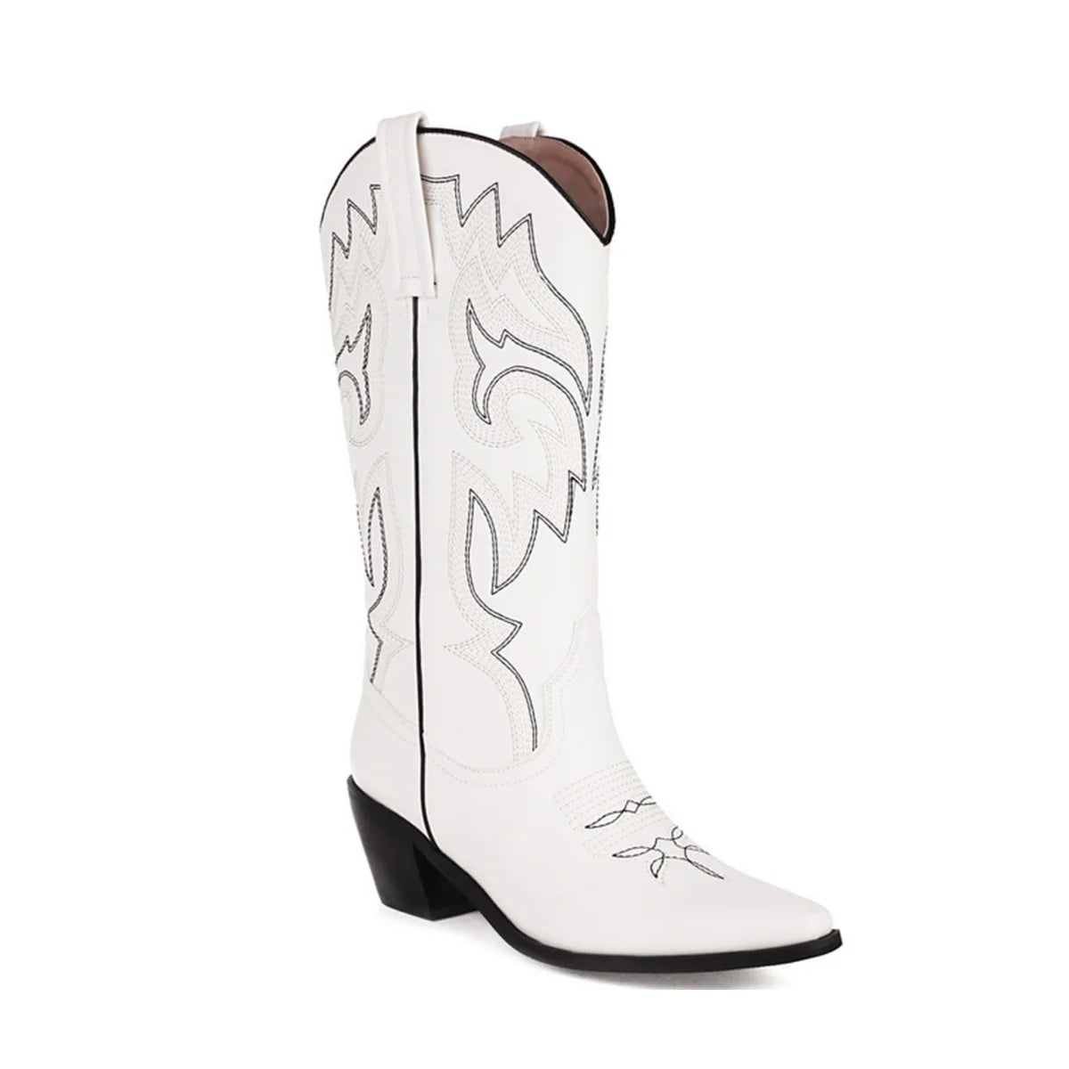 GIGIFOX Women Vintage Embroidered Mid Calf Cowgirl Boots Ladies Pointed Toe Square Chunky Heeled Western Boots