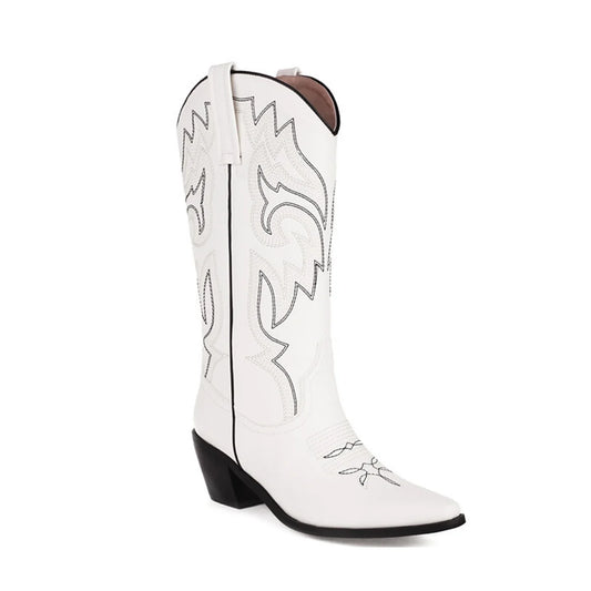 GIGIFOX Women Vintage Embroidered Mid Calf Cowgirl Boots Ladies Pointed Toe Square Chunky Heeled Western Boots