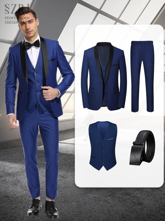 4pcs Men's Formal Suit Set: Tuxedo, Vest, Pants, Belt with .Classic Elegant Attire for Business, Party, Banquet, Job Interview
