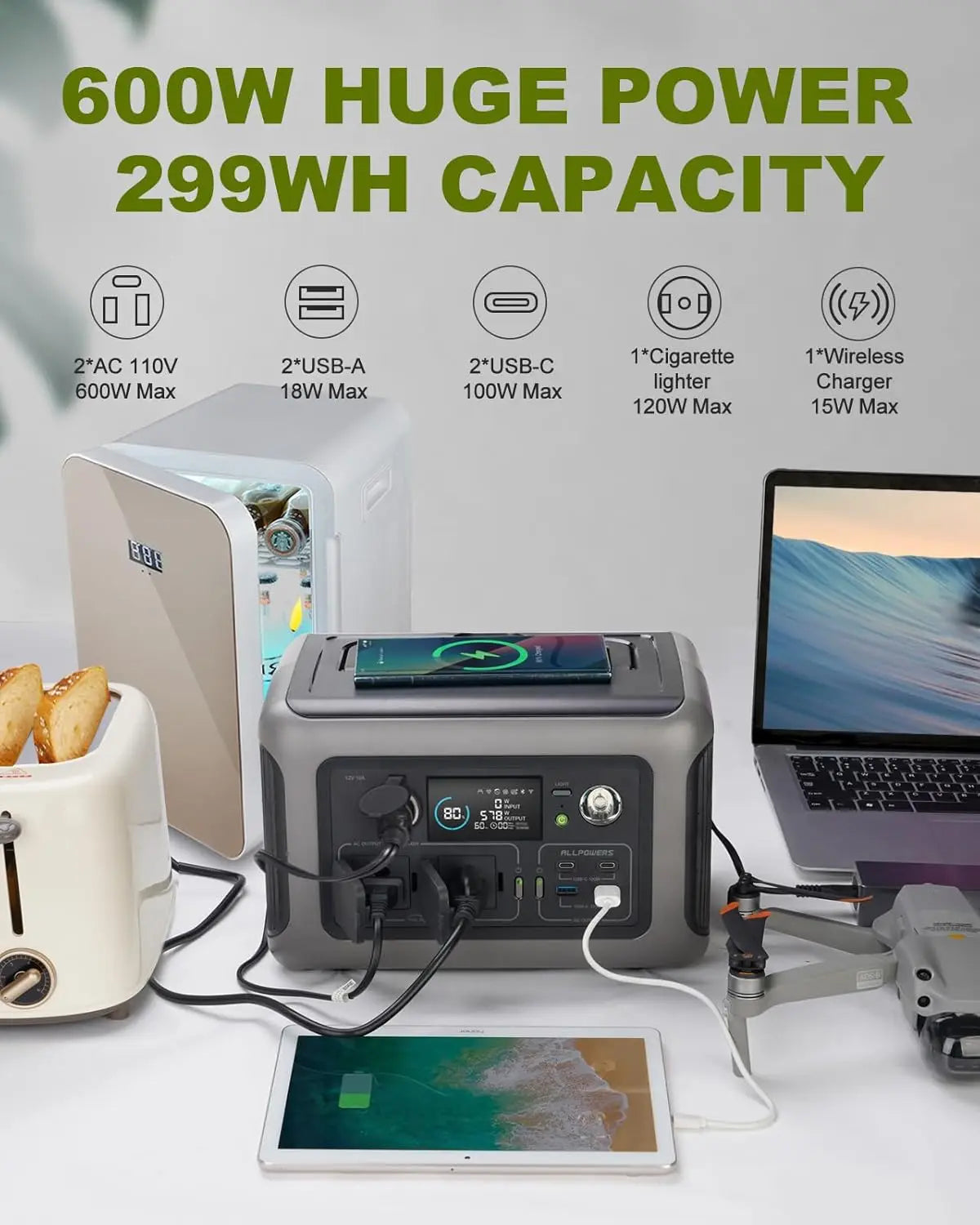 ALLPOWERS 100W 140W 200W Solar Panel Charger with 299Wh LiFePO4 Battery 600W Portable Power Station for Camping and RV