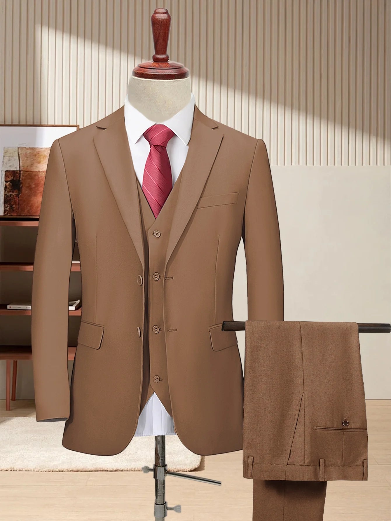 [Two Button Lapel] Men's 3pcs Business Suit | Solid Color | Two Button Lapel Jacket Vest Trouser Set | Wedding Business Tuxedo