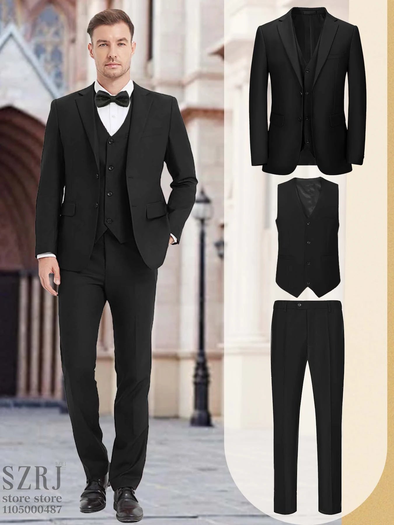 [Two Button Lapel] Men's 3pcs Business Suit | Solid Color | Two Button Lapel Jacket Vest Trouser Set | Wedding Business Tuxedo