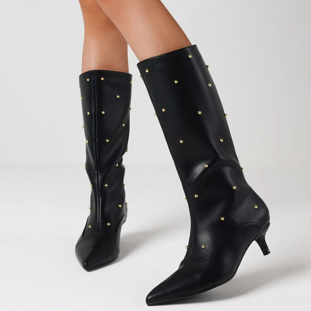 Sexy Rivets Women High Heel Boots Pointed Toe Slip On Mid Calf Shoes Luxury Fashion Design Party Winter Boots For Women