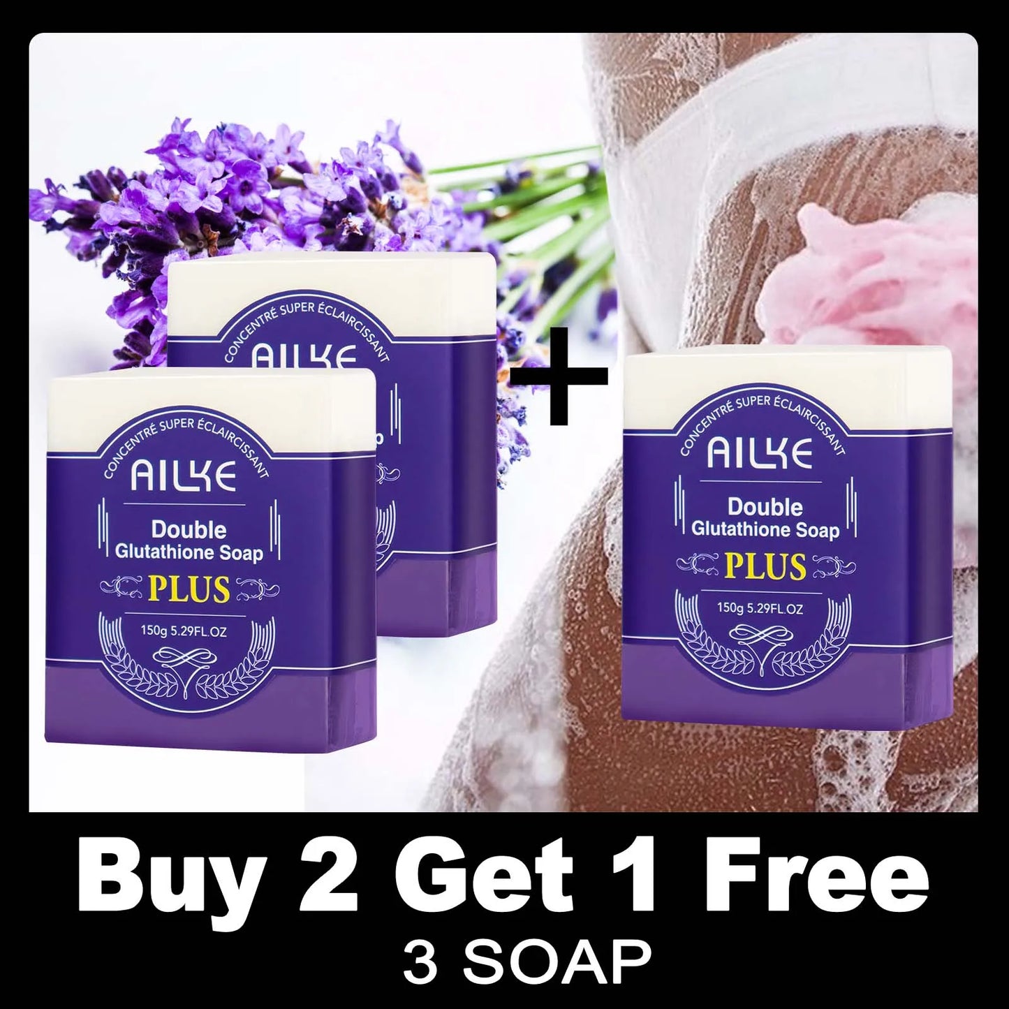 AILKE Double Glutathione PLUS Whitening Soap Bar, Reduce Dark Spots, Deep Clean Skin, Natural Lavender Scented for Face & Body