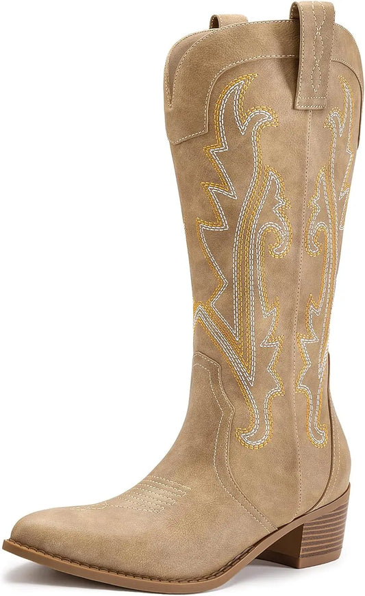 Women's Cowboy Boots Western Cowgirl Boots Fashion Embroidered Pointed Toe Chunky Heel Mid Calf Boots