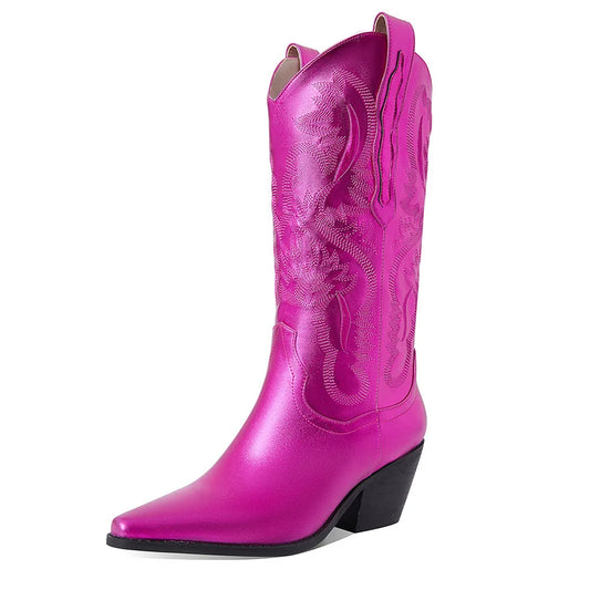 GIGIFOX Embroidered Women Mid-Calf Western Boots Block High Heel Pointed Toe Pull-On Shoes All-Match StreetSnap Cowgirl  Boots