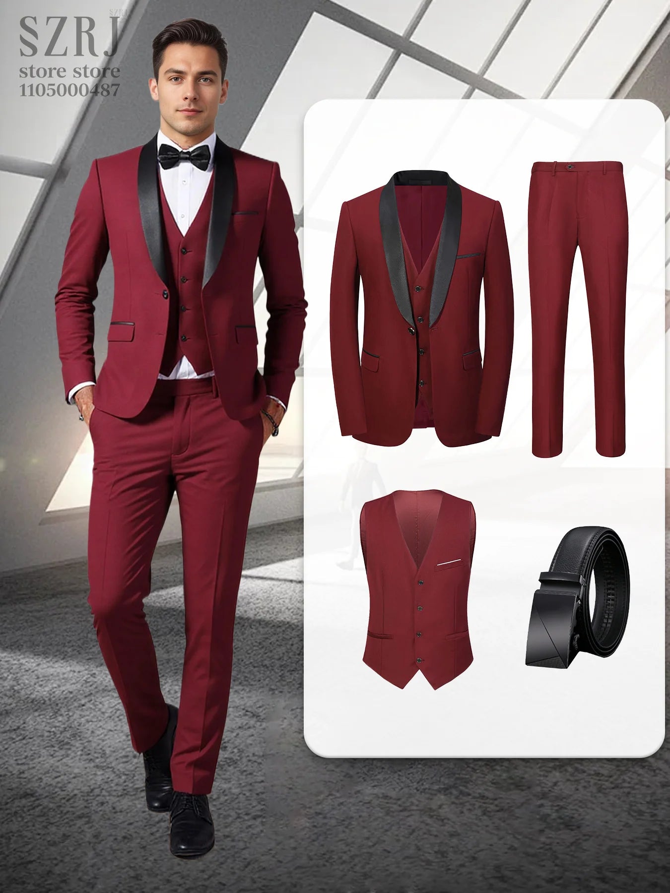4pcs Men's Formal Suit Set: Tuxedo, Vest, Pants, Belt with .Classic Elegant Attire for Business, Party, Banquet, Job Interview