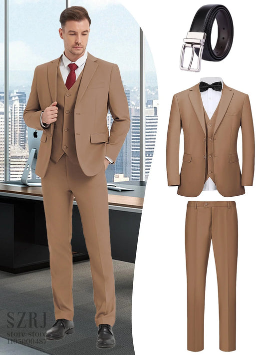 4pcs Men's Formal Suit Set: Tuxedo, Vest, Pants, Belt with .Classic Elegant Attire for Business, Party, Banquet, Job Interview