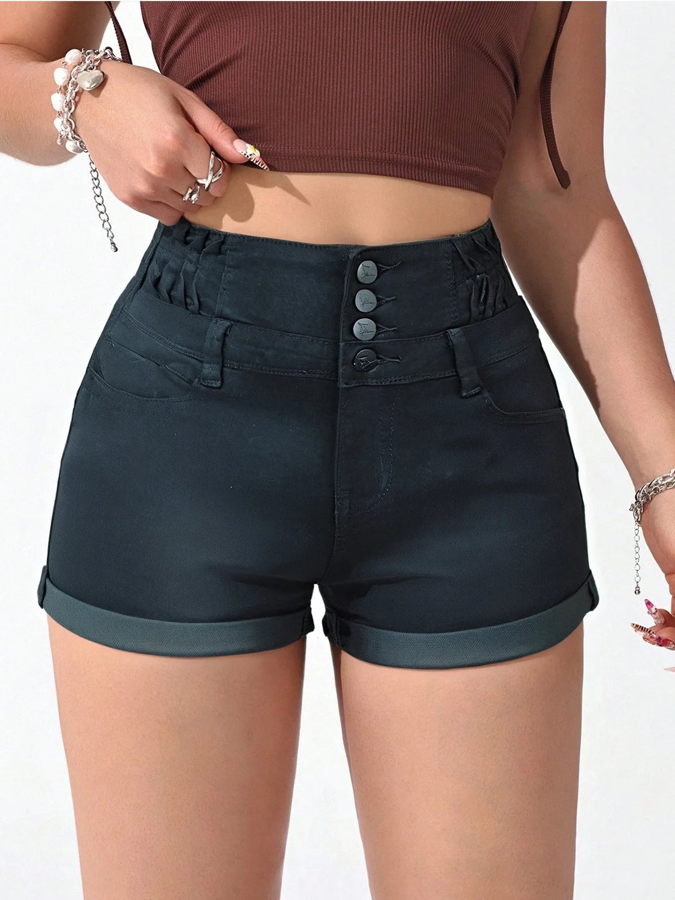 Women's Stretch High - Waist Dark Slate Denim Shorts - Trendy Three - Button & Ruched Look