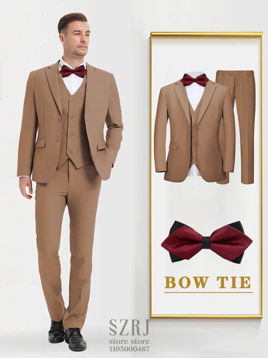 4pcs Men's Formal Suit Set: Tuxedo Vest, Pants, Bowtie, Solid Lapel Collar - Classic Elegant for Business/Party/Interview