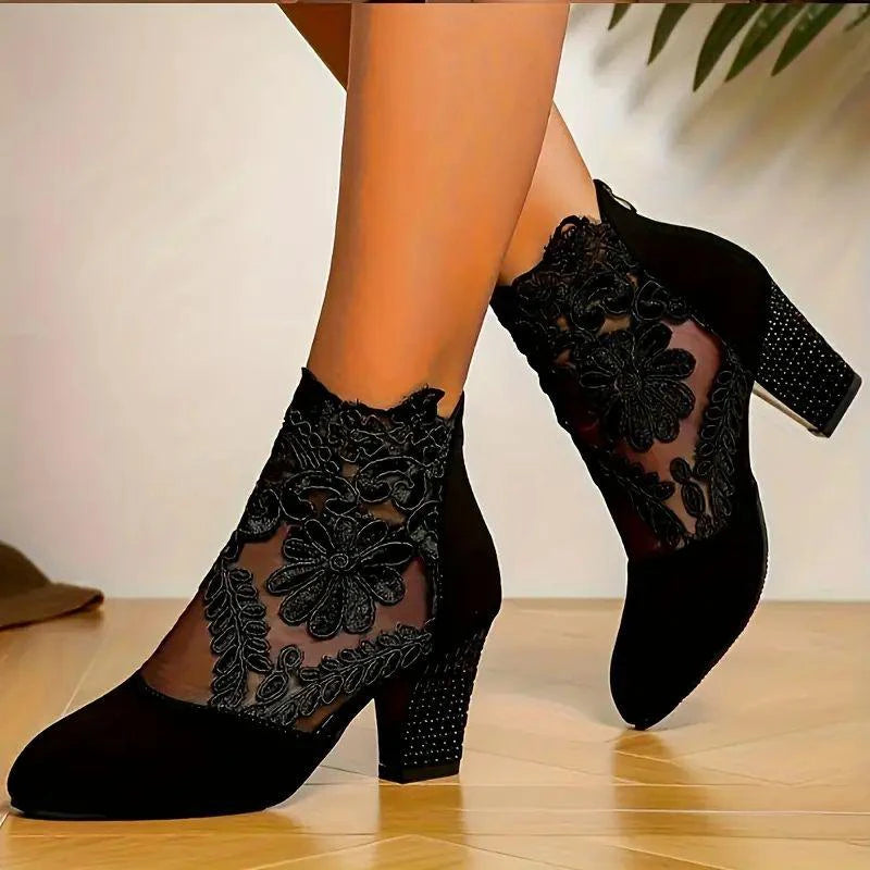 Black Sheer Mesh Boots with Floral Lace - Women's Fashion Chunky Heel Booties, Sexy Pointed Toe Party Shoes for Fall/Winter