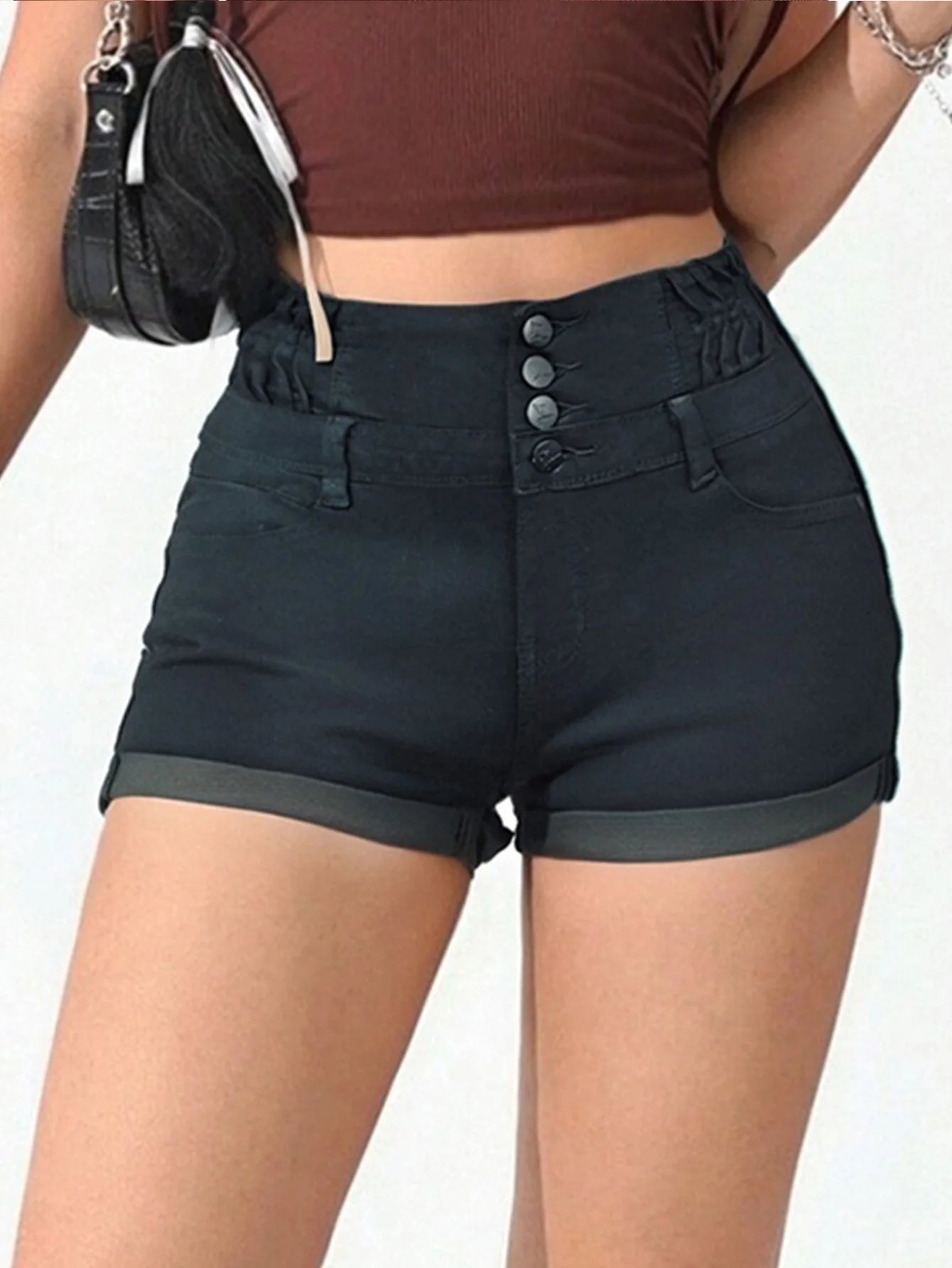 Women's Stretch High - Waist Dark Slate Denim Shorts - Trendy Three - Button & Ruched Look