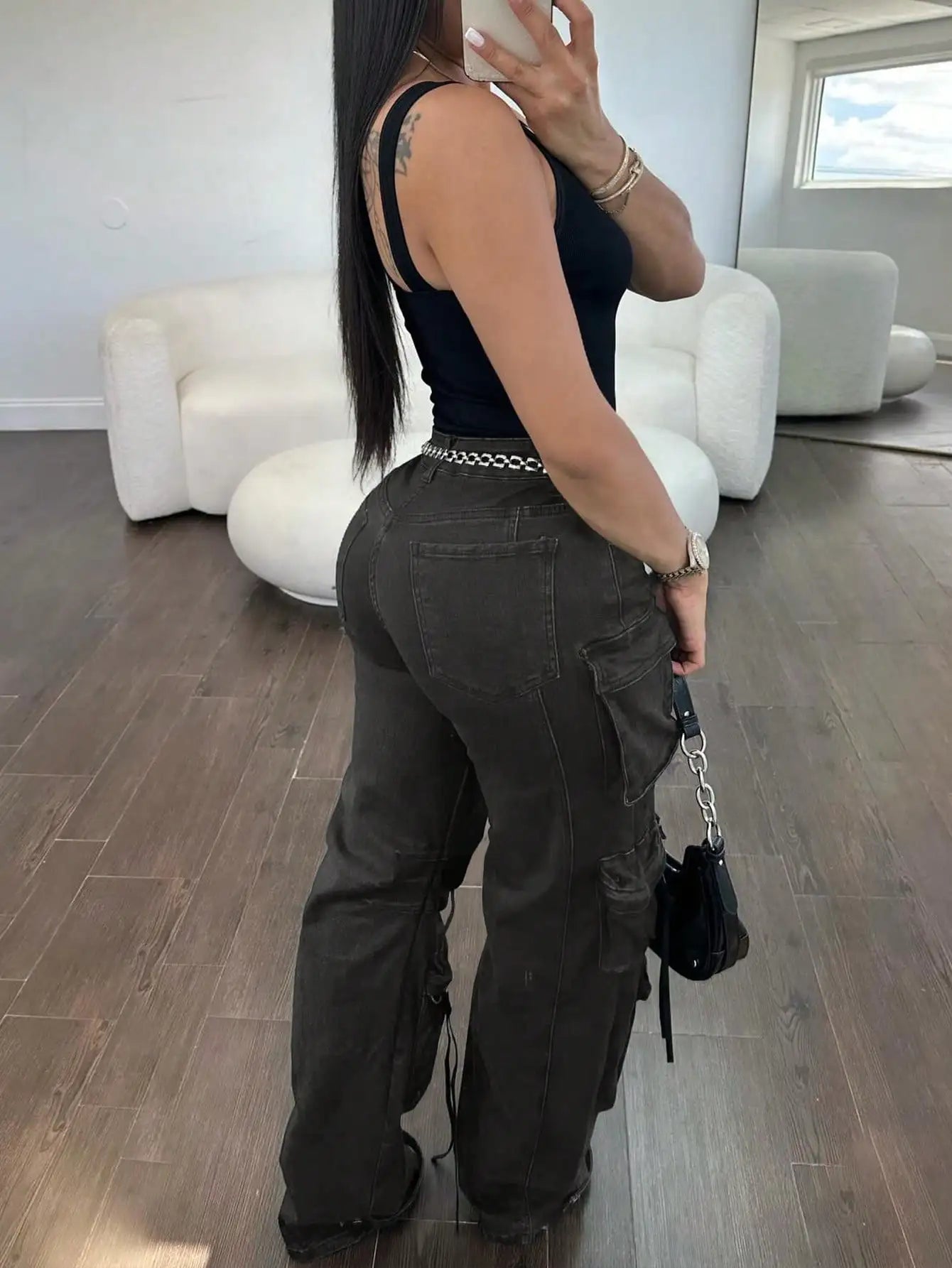 2025 Newest Women's Cargo Jeans High Waist Cargo Pants Y2k Loose Wide Leg Jeans with Flap Pockets