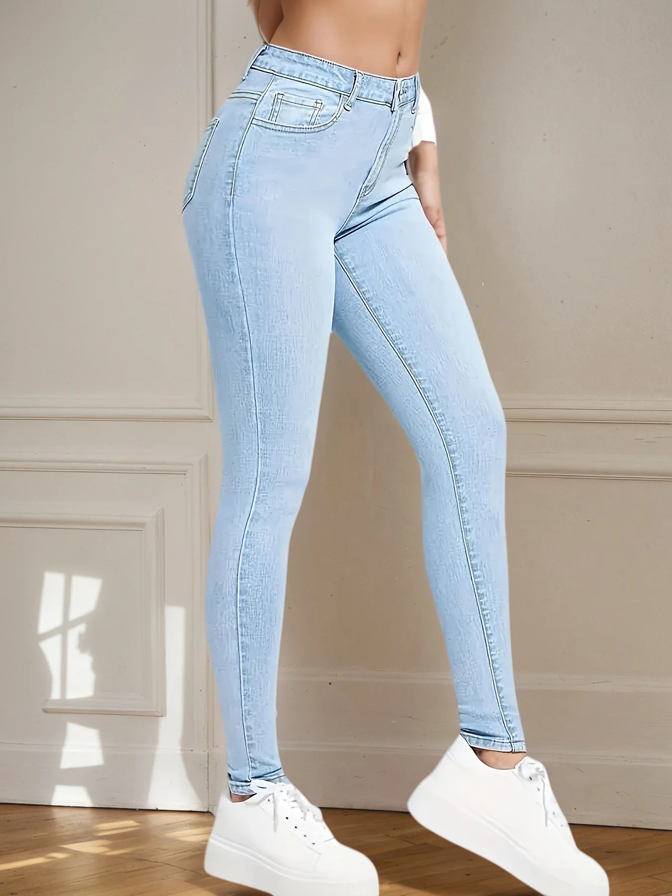Classic and fashionable blue slim fit tight jeans, height adjustable elastic slanted pocket high waist commuting jeans, women's