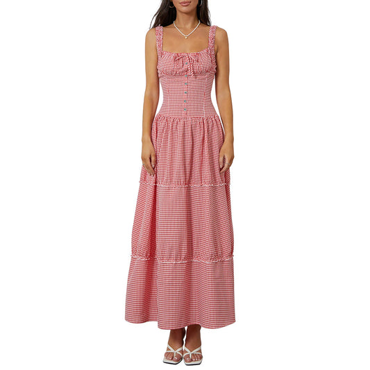 Women Summer Sleeveless Casual Plaid Print Ruffle Party Dress for Cocktail Beach Club Streetwear
