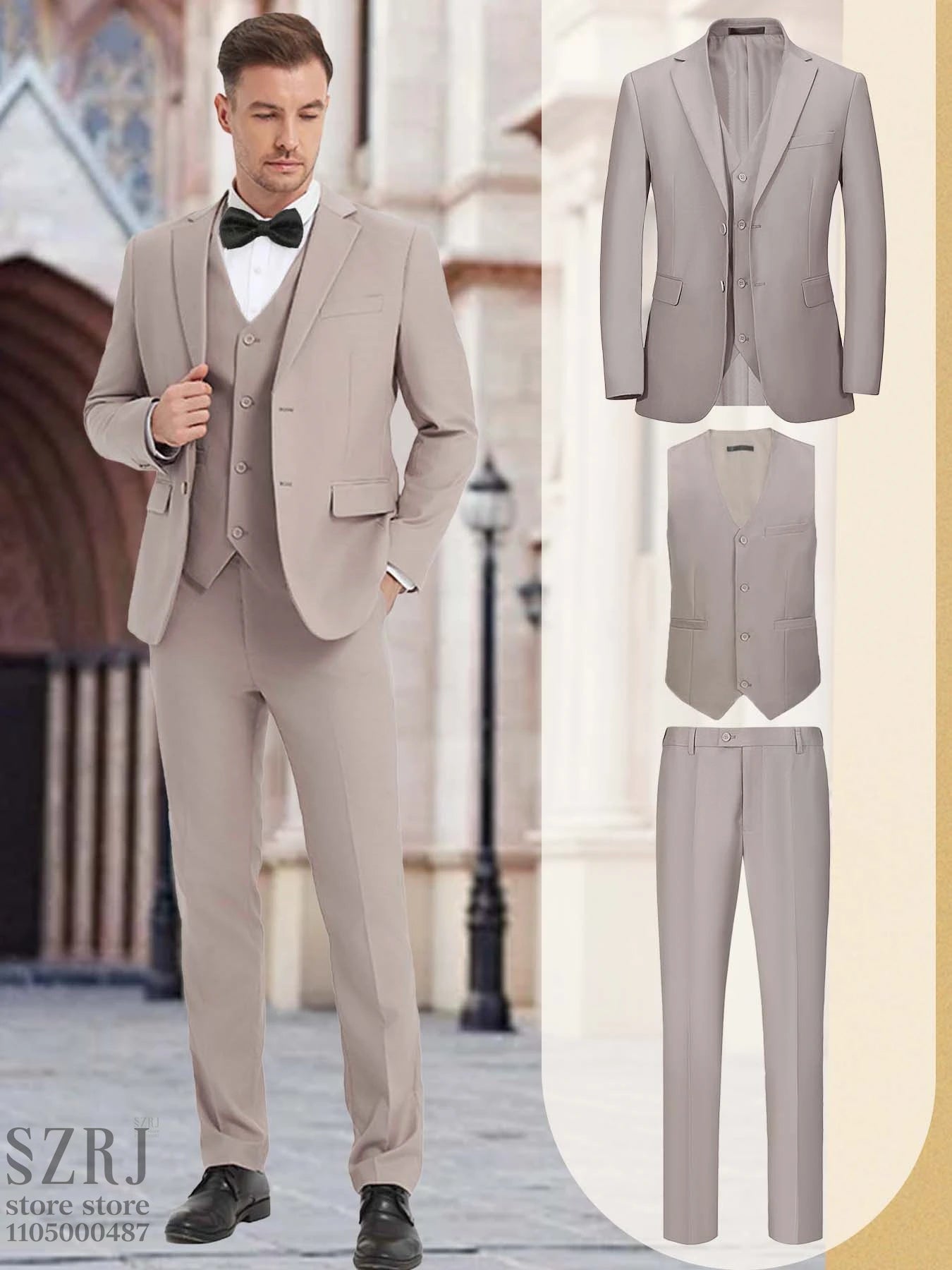 [Two Button Lapel] Men's 3pcs Business Suit | Solid Color | Two Button Lapel Jacket Vest Trouser Set | Wedding Business Tuxedo